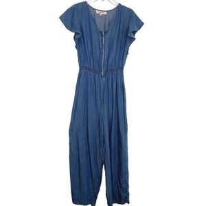 Magnolia Sky Women Jumpsuit Small 100% Tencel Chambray Denim Flutter Sleeve EUC